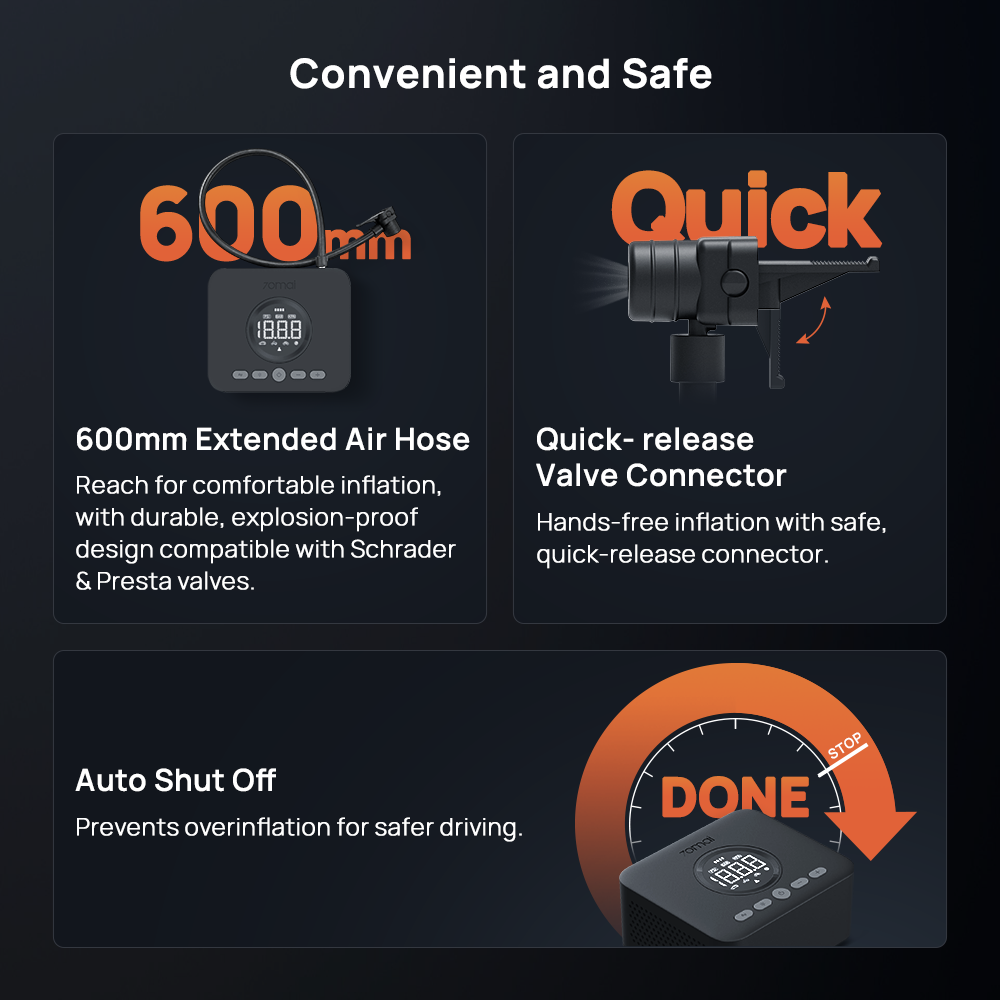 Cordless air compressor with pressure gauge dial and quick-release hose connector
