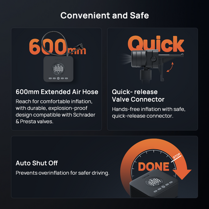 Cordless air compressor with pressure gauge dial and quick-release hose connector