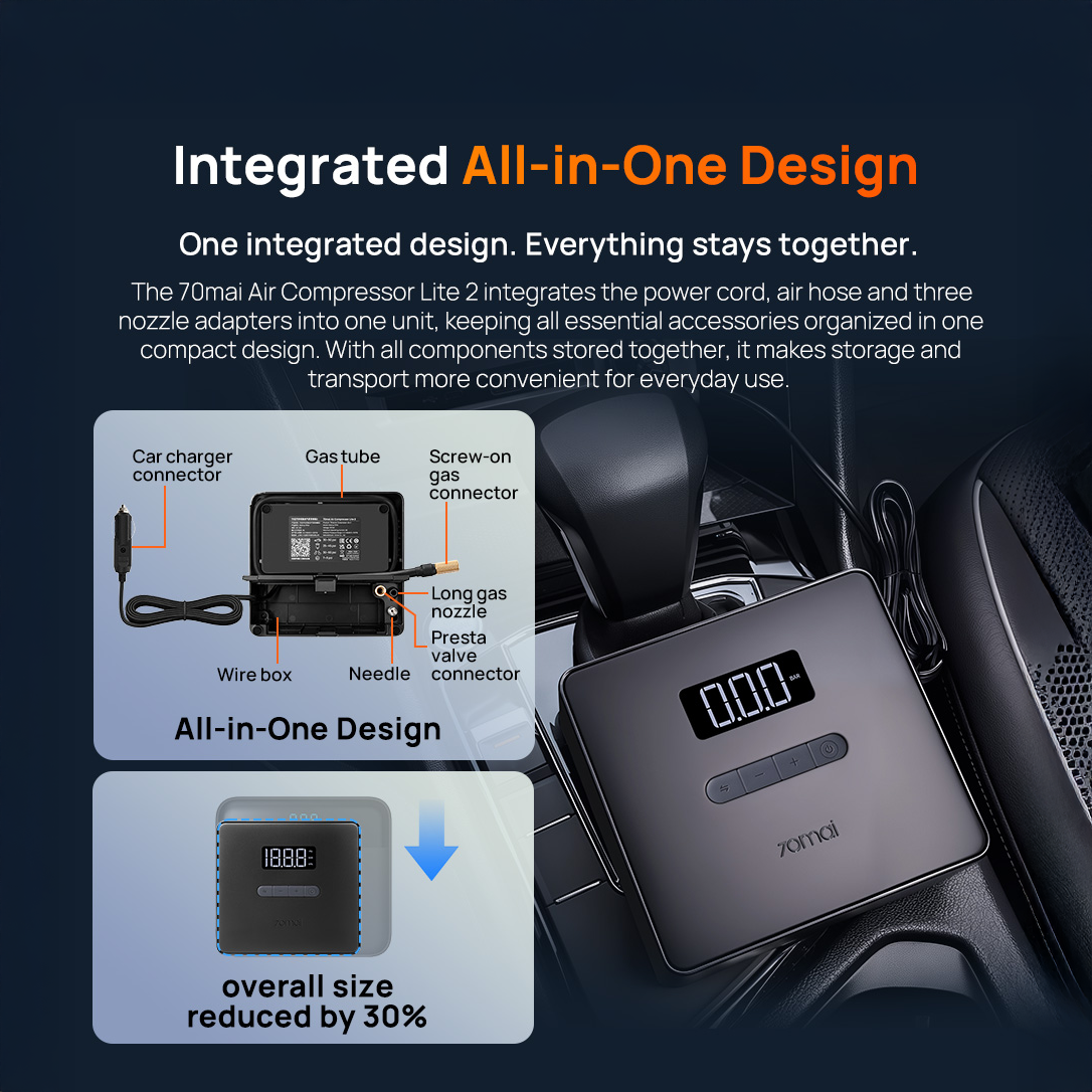Portable air compressor with integrated all-in-one design and display screen