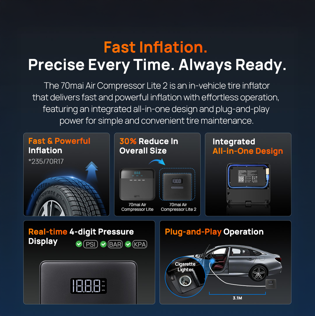 Portable air compressor with 4-digit pressure display and plug-and-play setup