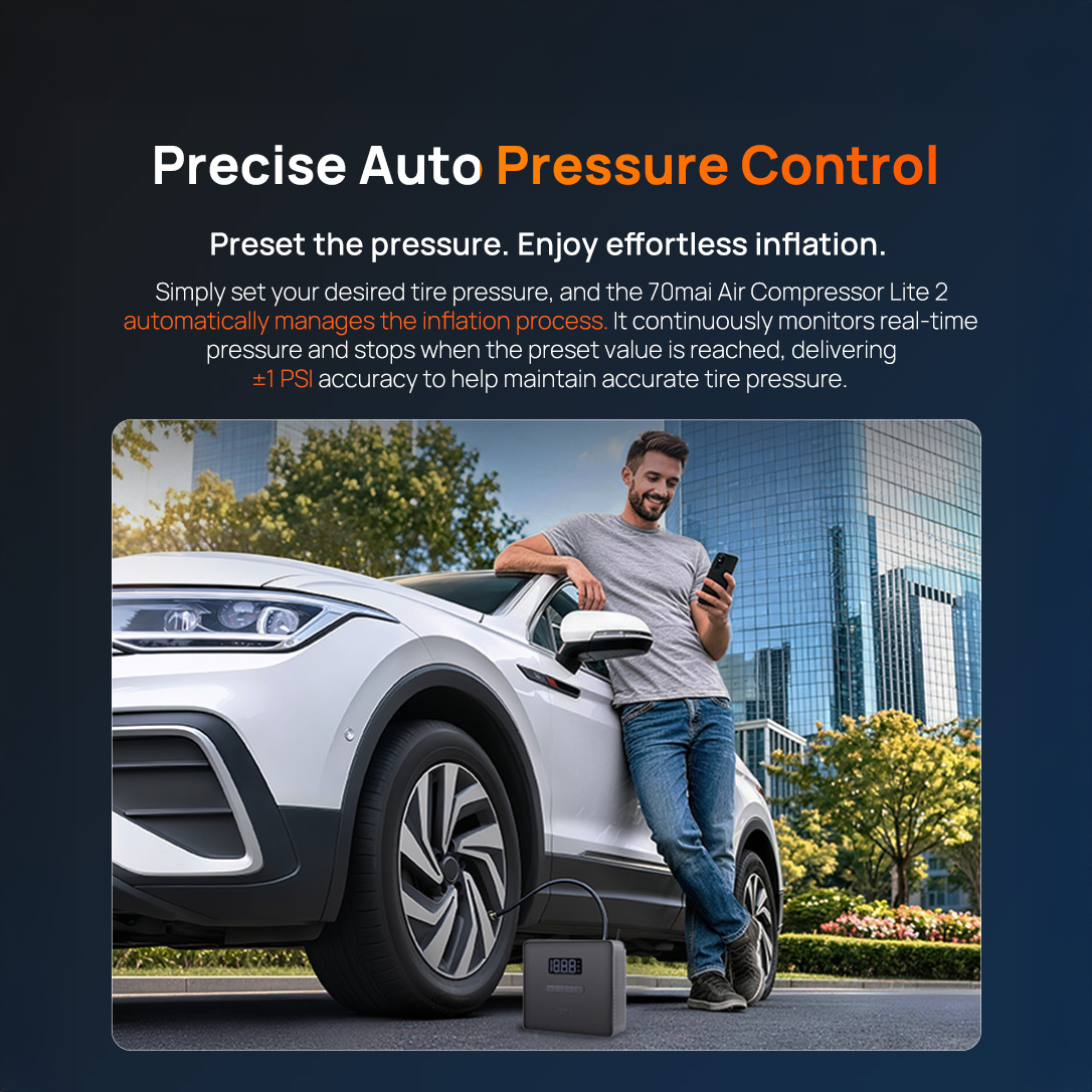 Portable air compressor connected to a car tire valve with digital display