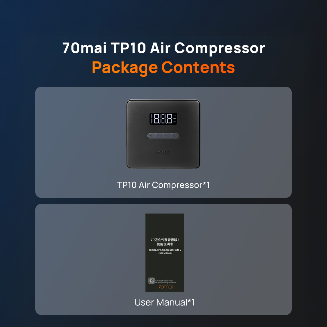 Air compressor package contents showing the pump unit and user manual