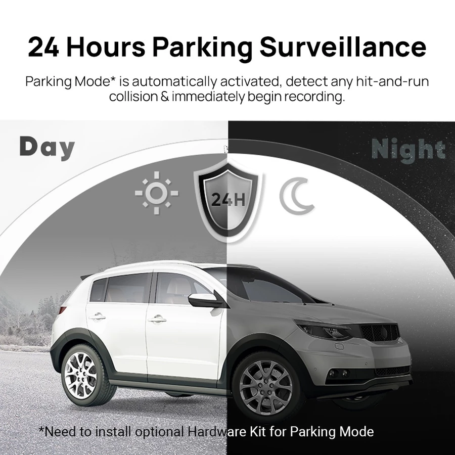 24-hour parking surveillance diagram with connected car and shield icon