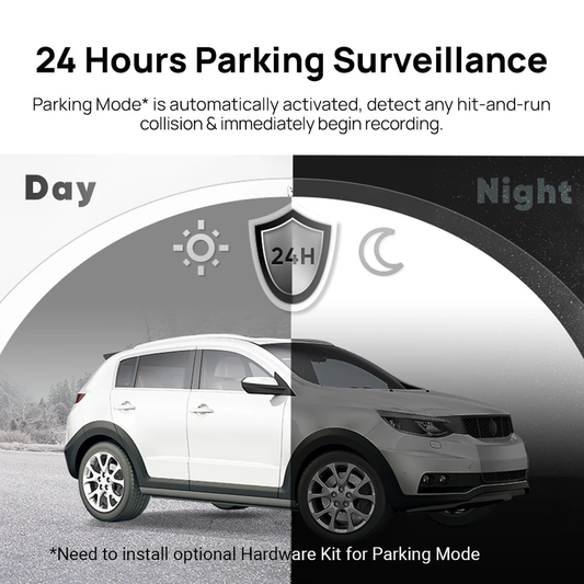 24-hour parking surveillance diagram with connected car and shield icon