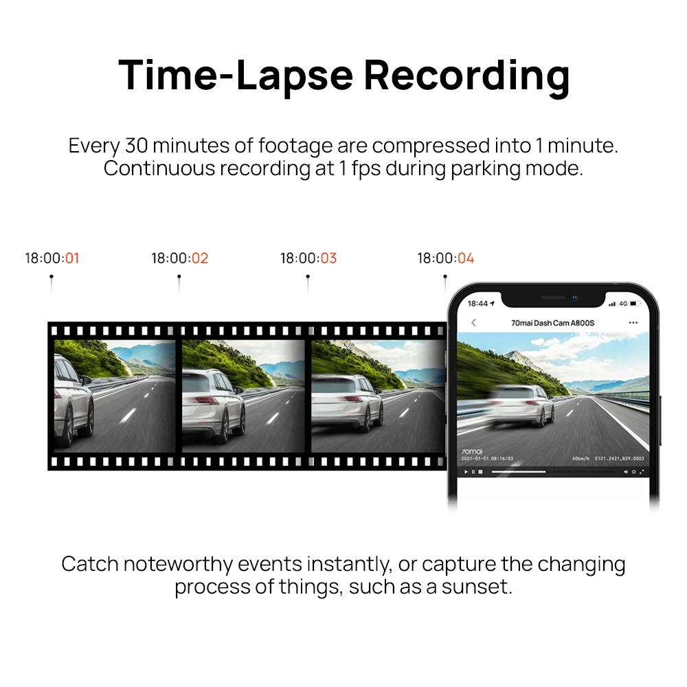 Time-lapse recording concept diagram with dashcam frames and phone screen