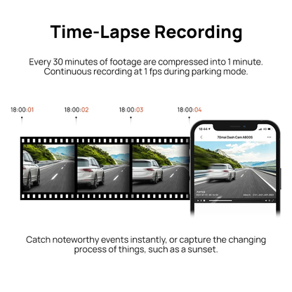 Time-lapse recording concept diagram with dashcam frames and phone screen