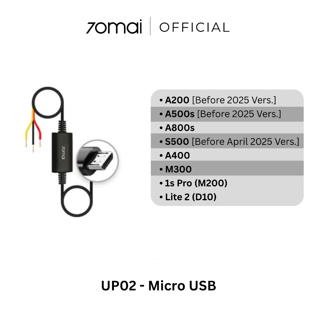 UP02 Micro-USB hardwire kit wiring diagram for compatible dashcam models