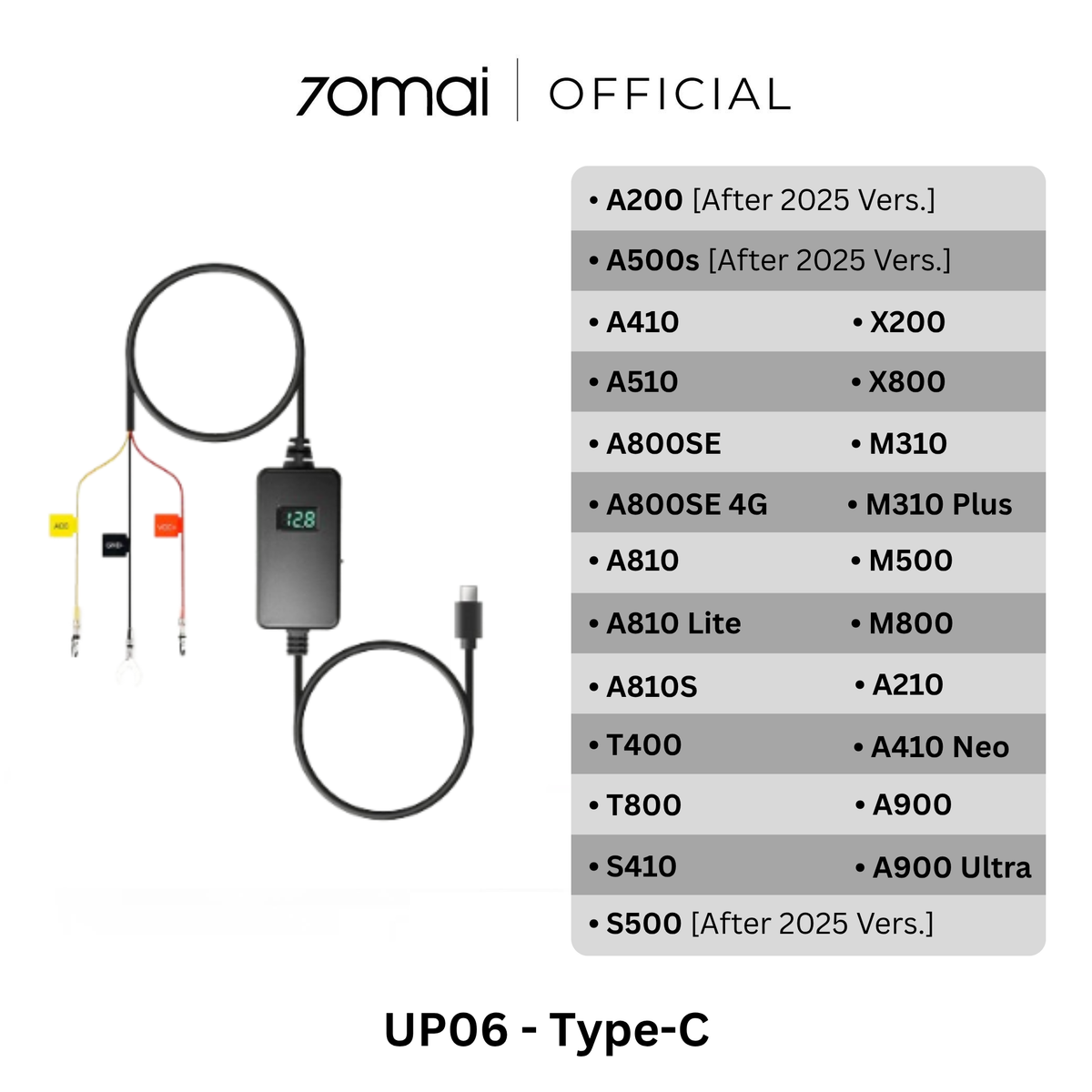 70mai UP06 hardwire kit with Type-C cable, control module, and wiring connectors