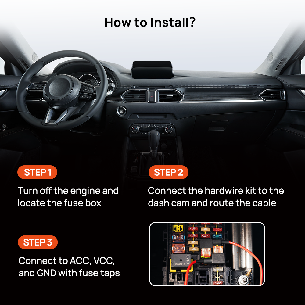 Car dashboard interior showing wiring routing steps for hardwire installation