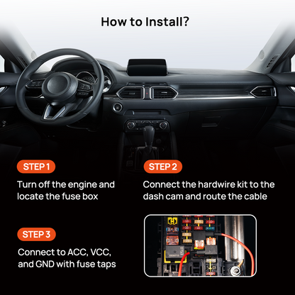 Car dashboard interior showing wiring routing steps for hardwire installation