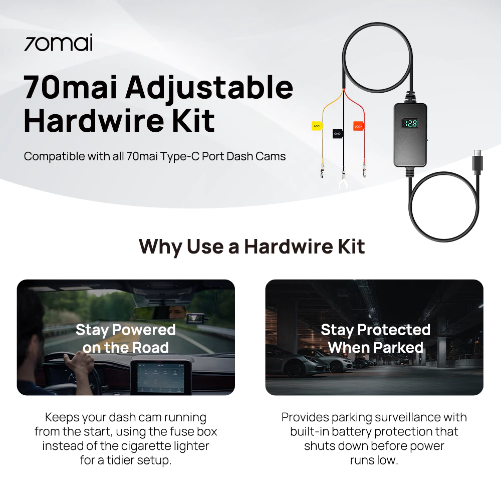 Adjustable hardwire kit bundle with voltage display module and fuse tap wiring