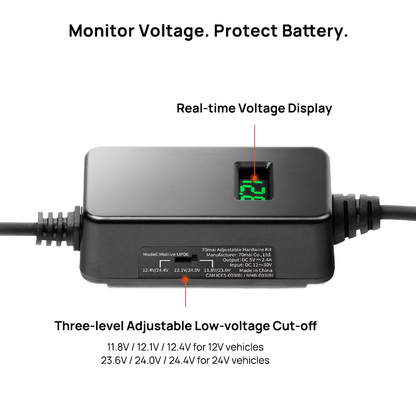 Hardwire power module with built-in voltage display and dual cable connectors