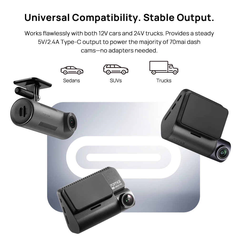 Hardwire power adapter with Type-C output plug and dash cam cable connections