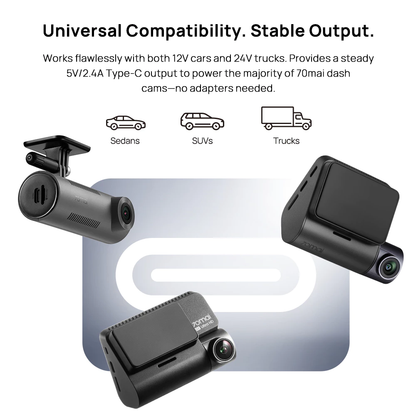 Hardwire power adapter with Type-C output plug and dash cam cable connections