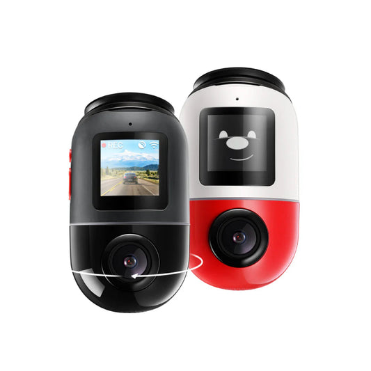 Omni X200 360° Dashcam: black and red dual-lens unit views