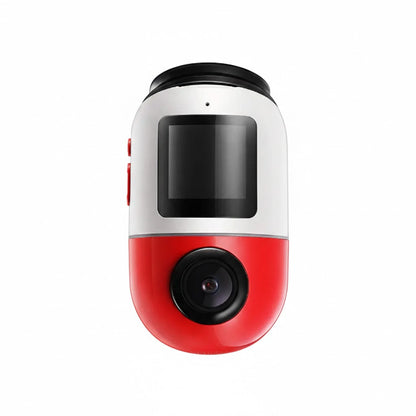 Red and white dash cam with a black lens window and side indicator lights