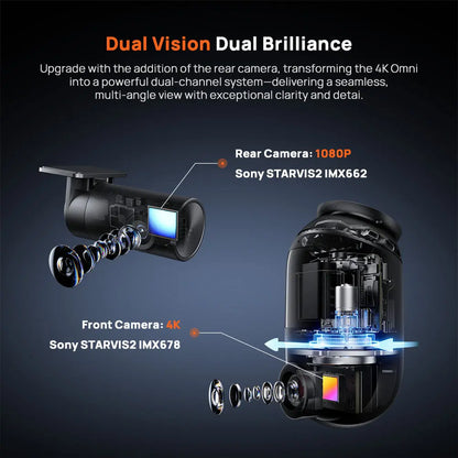 Dual-channel dash cam with front and rear camera components shown in an exploded diagram