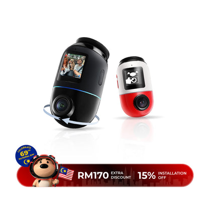 360° 4K dashcam with black and red compact dual cameras
