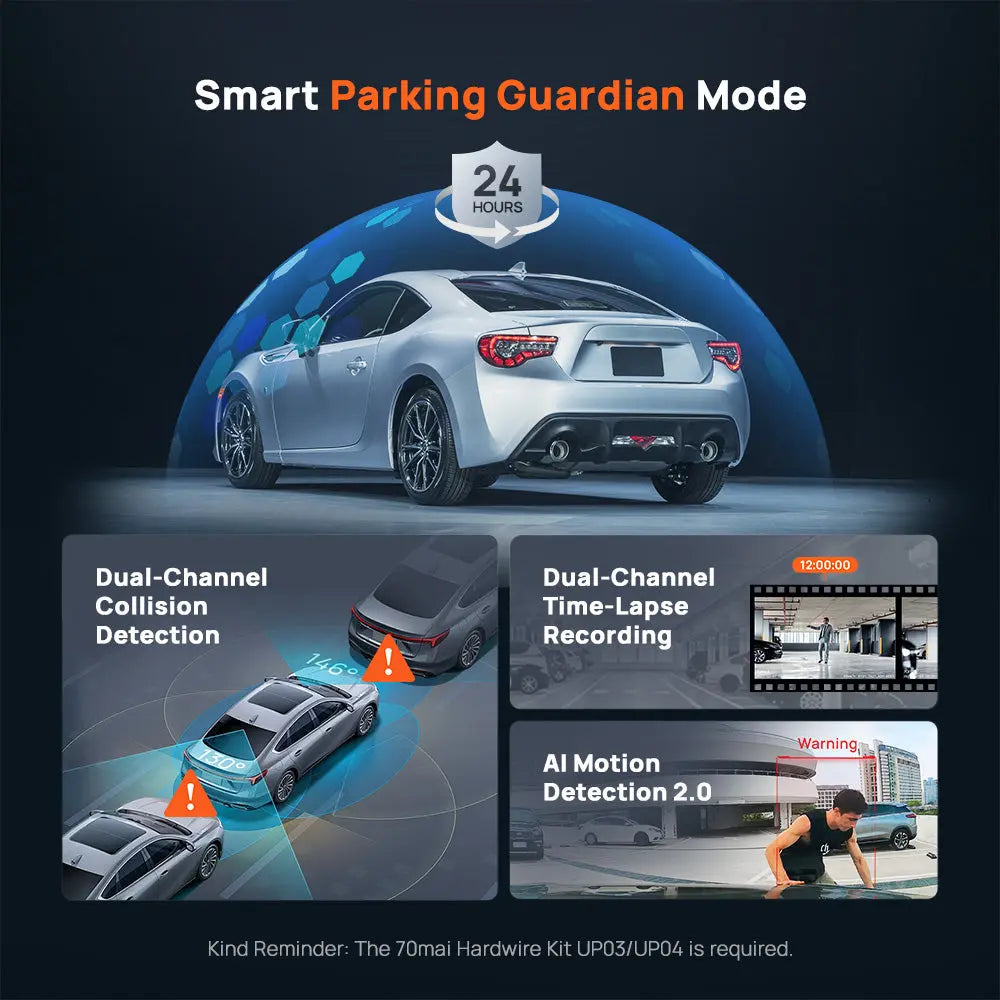 Black dash cam device with blue lighting accents, shown with parking guardian mode illustration